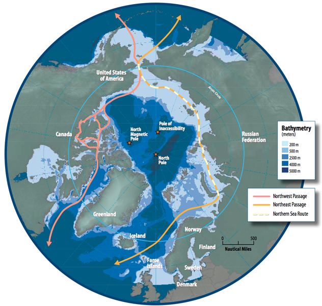 map of the arctic region showing the northeast passage the northern sea route and northwest passage and bathymetry